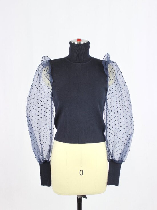 Zara Tops - NWT ZARA Navy Blue Ribbed Knit Flocked Dot Organza Puff Sleeve Top, Size S
